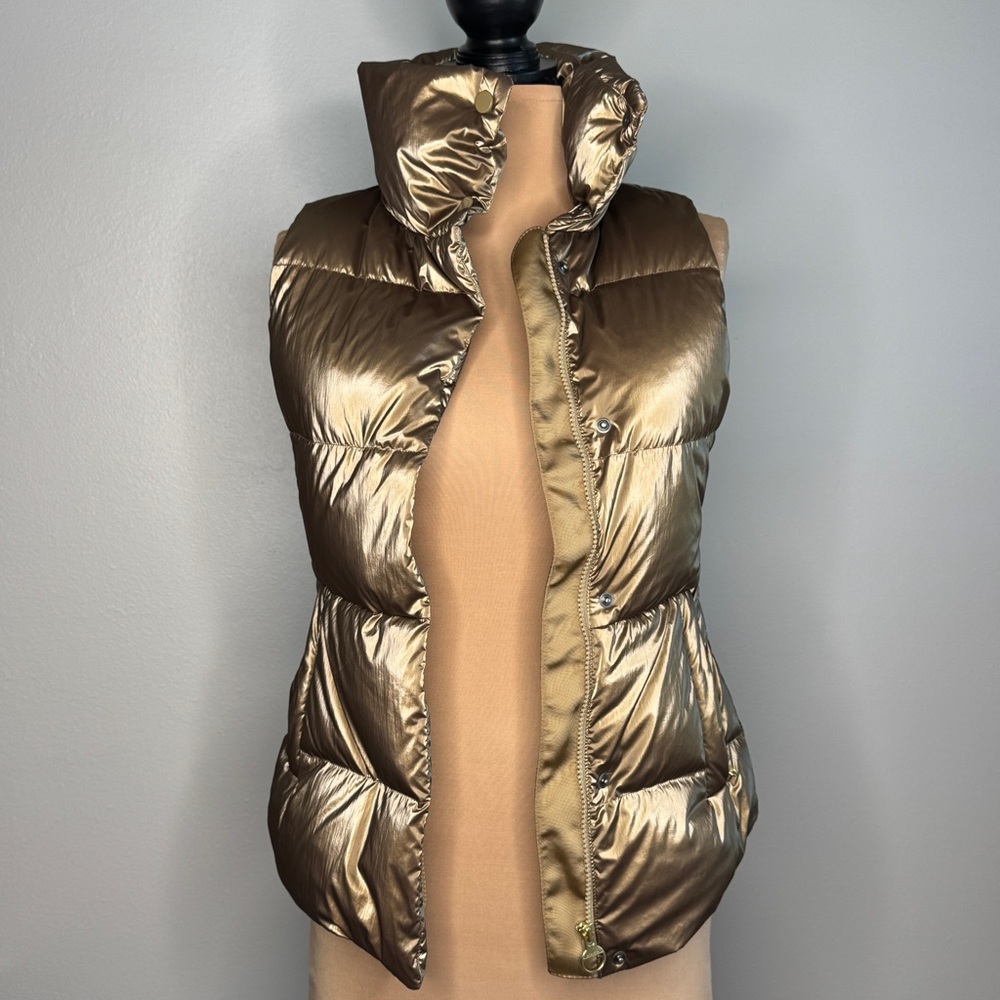 Funnel Neck Athleta Metallic Gold Puffer Vest XXS Funnel Neck Layer Zipper Snaps